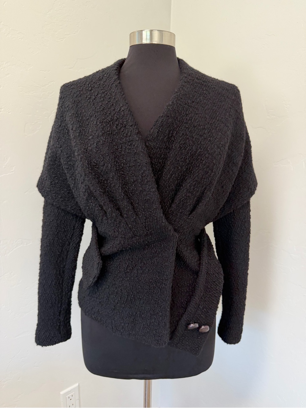 Thakoon Black Bouclé nubby knit Wool Blend belted Snap Long Sleeve Jacket Size 2